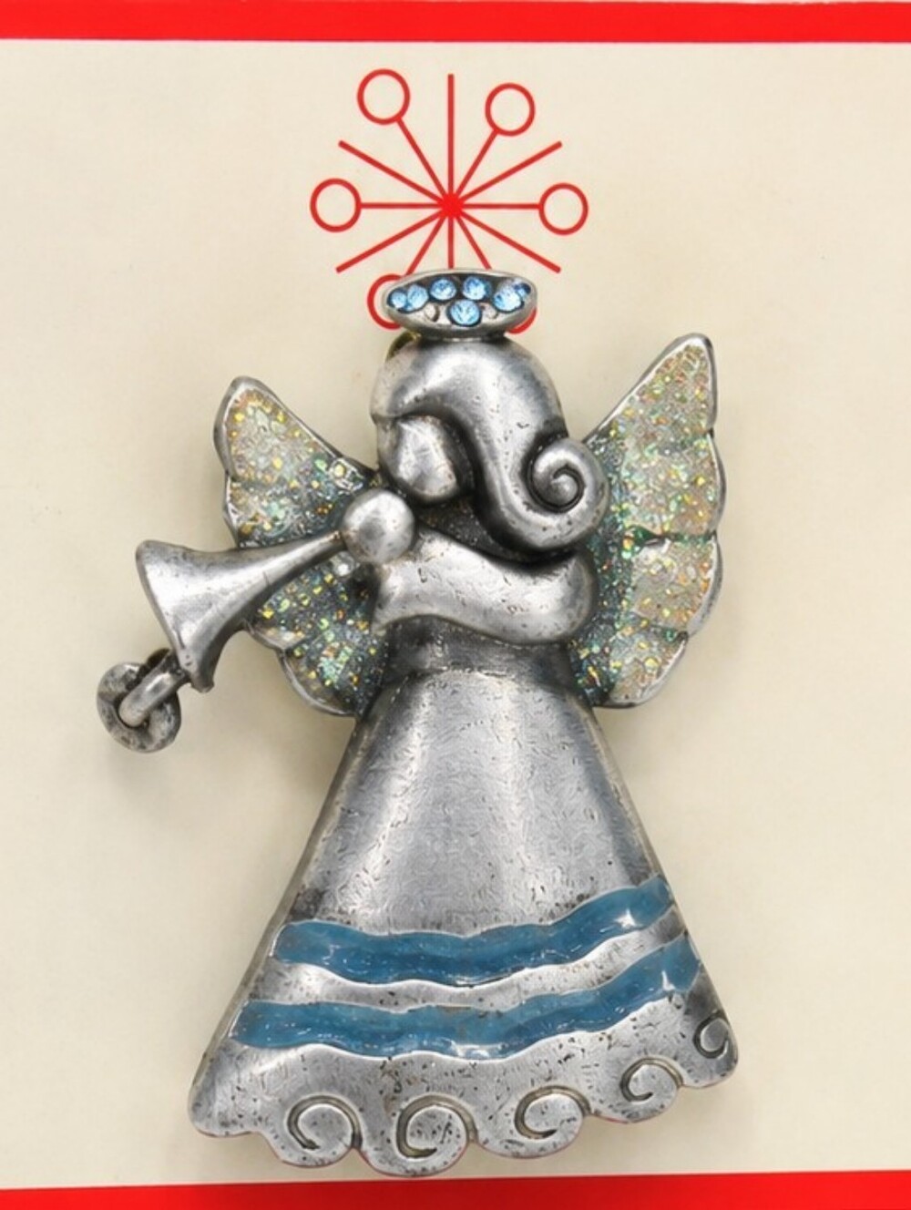 Vintage Y2K Silver Tone Angel Brooch Pin Blue Rhinestone Halo Glitter Wings Kohl